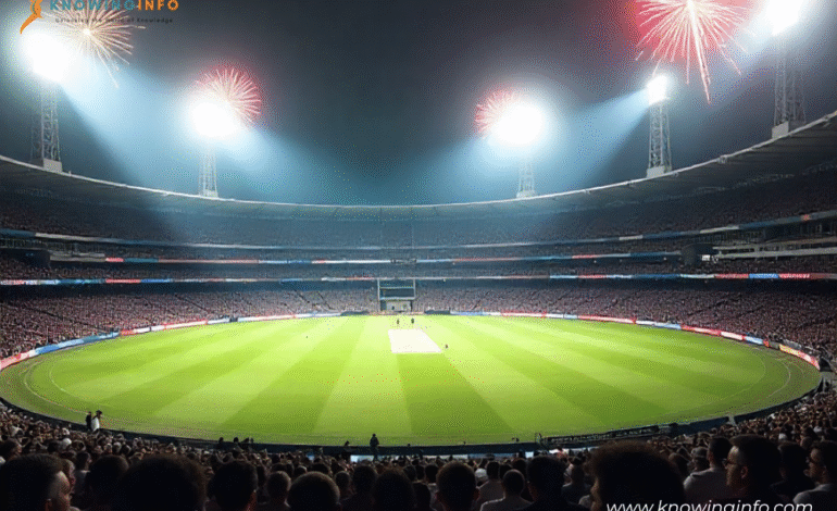 "Packed cricket stadium under lights with fireworks celebrating BCCI’s dominance in world cricket."