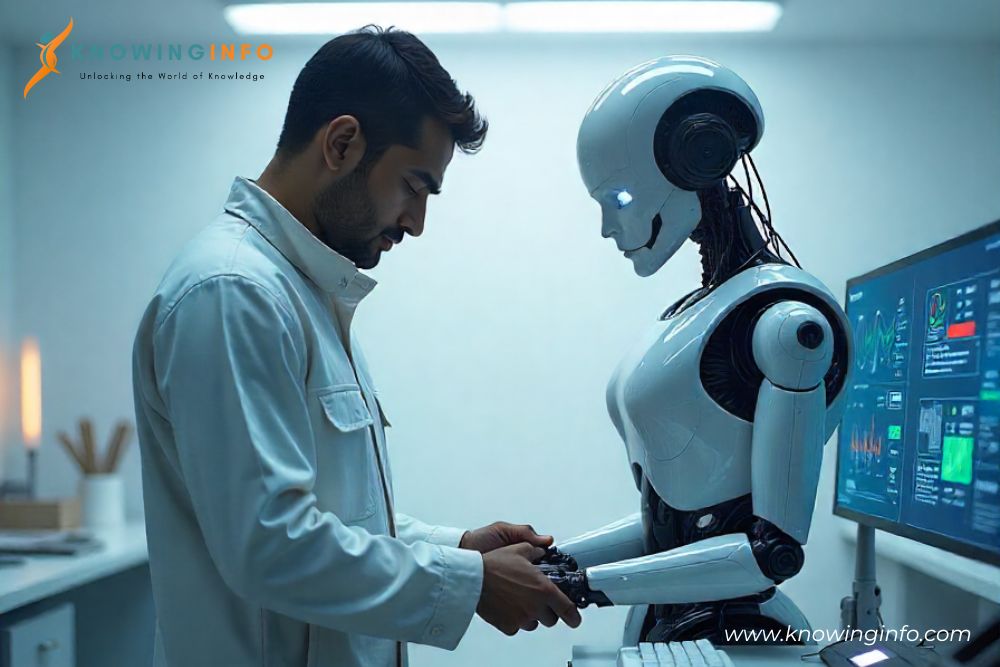 Scientist working with humanoid robot in a lab on futuristic AI technology