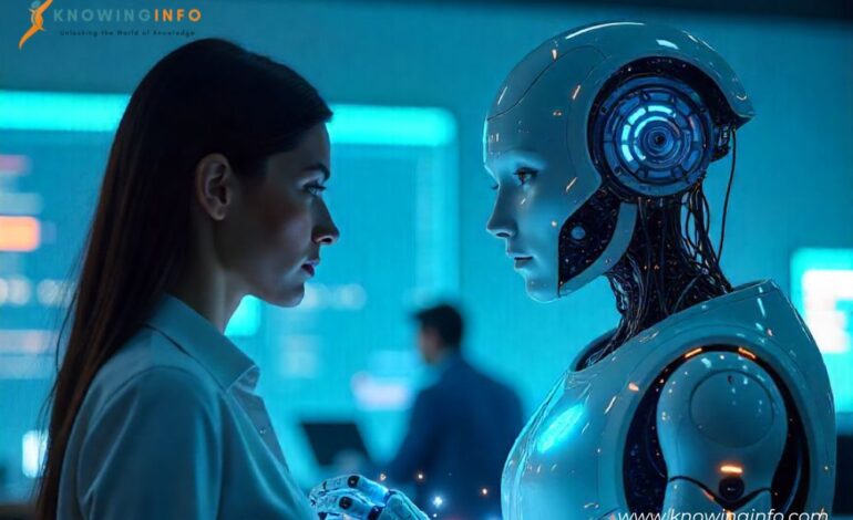 Scientist working with humanoid robot in a lab on futuristic AI technology