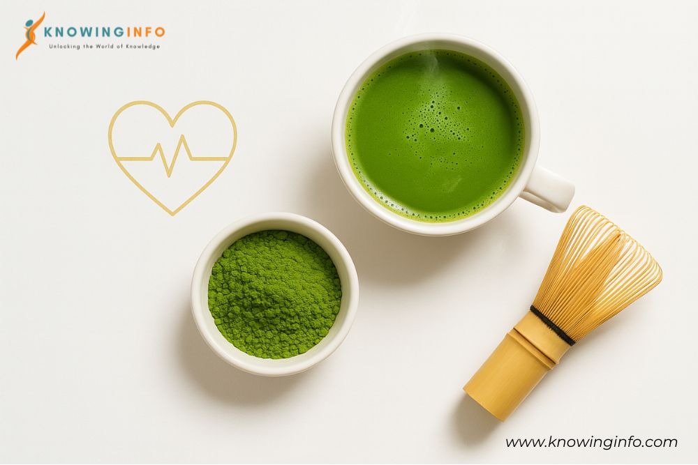 “Premium matcha tea with heart-health icon on a clean white background, showing matcha powder, whisk, and a cup of green matcha supporting heart wellness.”