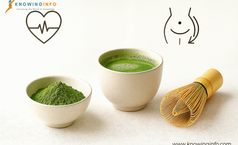 Matcha powder, matcha tea, and a bamboo whisk on a white background with dark heart-health and metabolism icons representing wellness and weight-loss benefits.