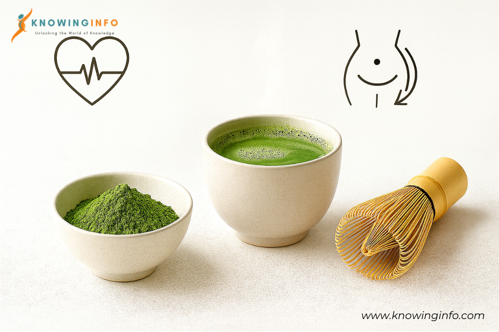 Matcha powder, matcha tea, and a bamboo whisk on a white background with dark heart-health and metabolism icons representing wellness and weight-loss benefits.