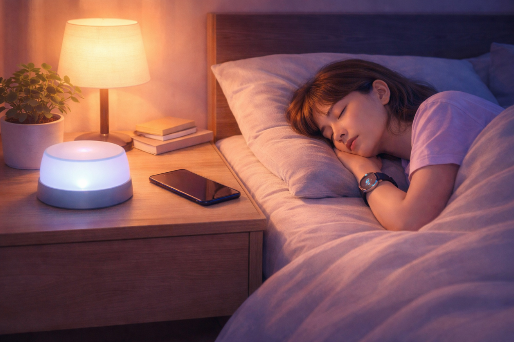 Gen Z young adult sleeping peacefully with smartwatch sleep tracking and phone placed away on bedside table