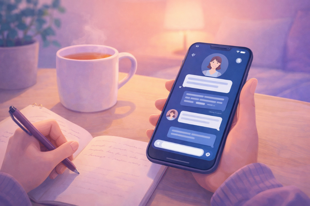Person journaling beside a smartphone showing a virtual therapist chatbot conversation with supportive messages