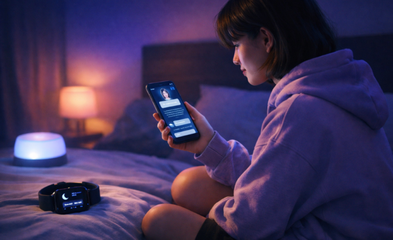 Gen Z using an AI therapy chatbot on smartphone while tracking sleep with a smartwatch at night