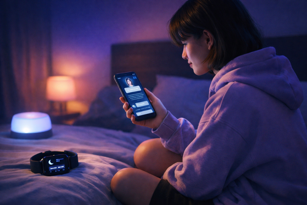 Gen Z using an AI therapy chatbot on smartphone while tracking sleep with a smartwatch at night