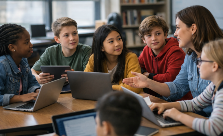 Middle school students using laptops and tablets in a classroom discussion about digital literacy with a teacher.