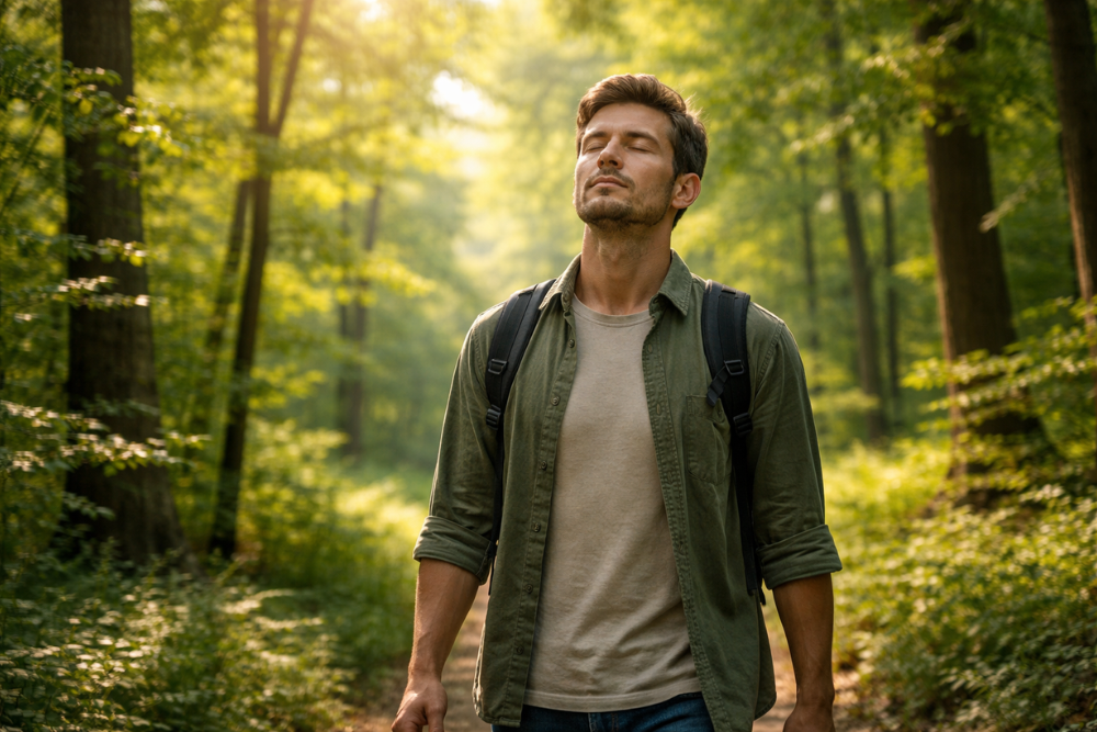 Person practicing forest bathing in a lush forest, breathing deeply and connecting with nature for mental and physical wellness.