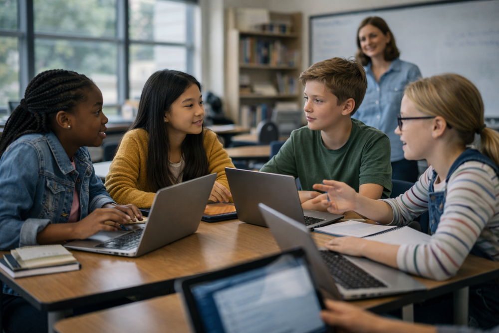 Students collaborating with laptops in a classroom while discussing online information and digital skills.