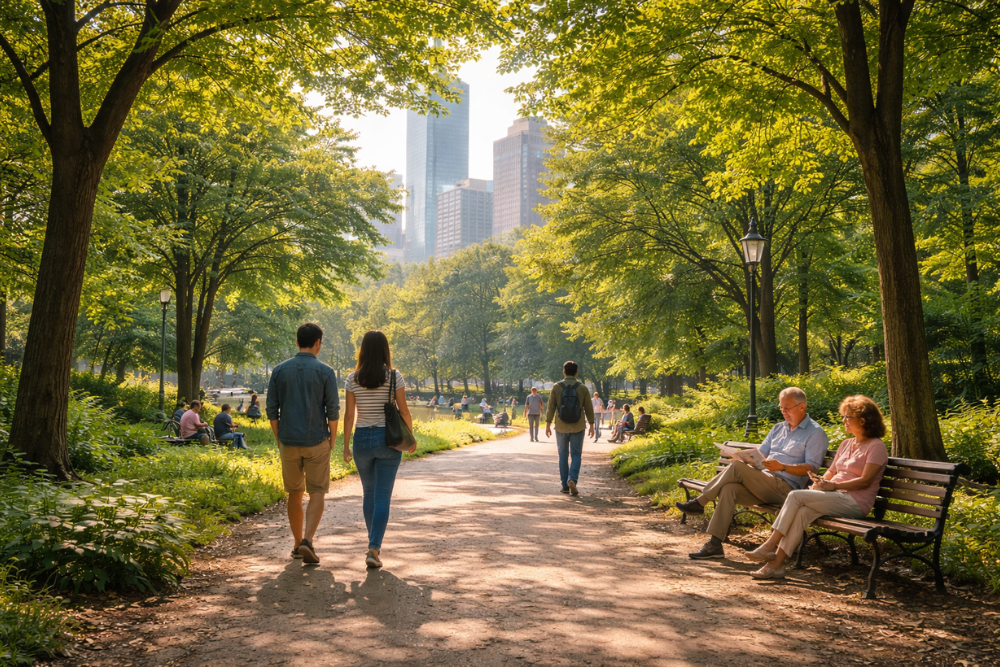 Urban residents relaxing and walking in a city park, highlighting green prescriptions and the health benefits of urban green spaces.