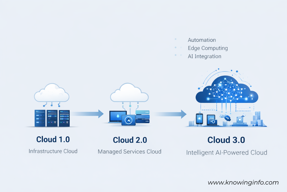 Diagram showing the evolution of cloud computing from Cloud 1.0 infrastructure to Cloud 2.0 managed services and Cloud 3.0 AI-powered cloud