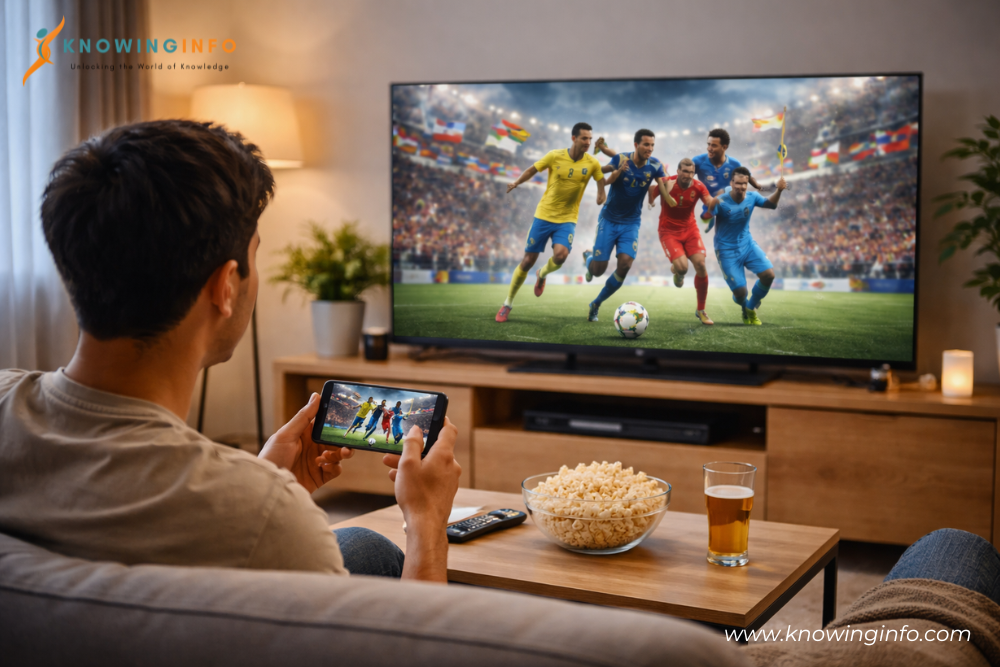 Person watching international sports match on TV and mobile showing global sports streaming access