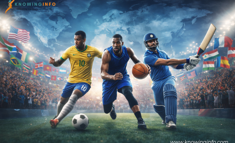 Global athletes from different countries playing football basketball and cricket representing globalization in sports