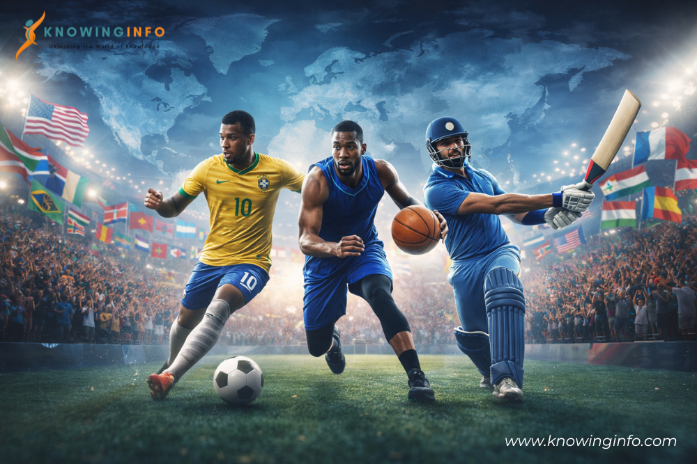 Global athletes from different countries playing football basketball and cricket representing globalization in sports