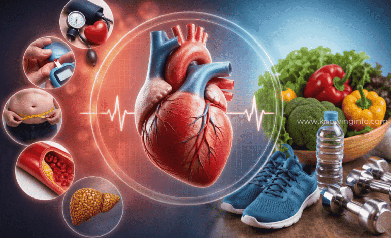 Metabolic syndrome illustration showing heart health risks and healthy lifestyle balance