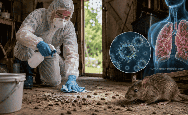 Illustration showing safe cleaning of mouse droppings with N95 mask and gloves to prevent Hantavirus infection in a dusty garage or shed.