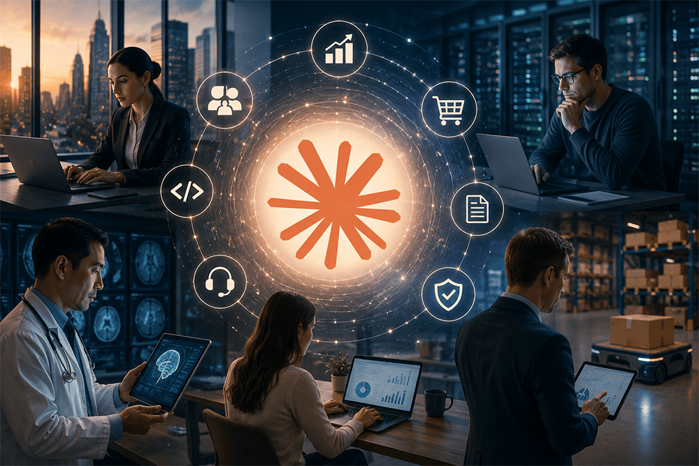 Commercial use of Claude AI across business operations, software development, healthcare, analytics, customer support, and enterprise automation