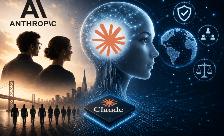 Anthropic and Claude AI futuristic illustration featuring AI safety, ethical artificial intelligence, digital innovation, and advanced machine learning technology