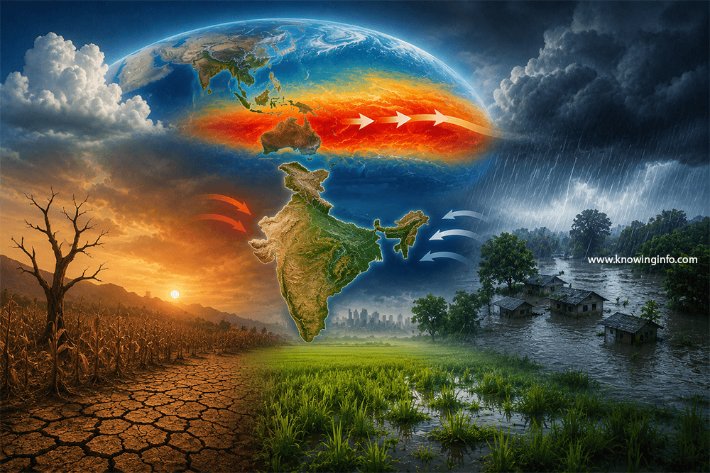 Illustration showing how El Niño affects India and the monsoon, with weakened rainfall patterns causing drought, water shortages, and crop stress in some regions while bringing heavy rainfall and flooding to others. The image features India at the center, contrasting dry and flooded landscapes, and Pacific Ocean warming associated with El Niño.