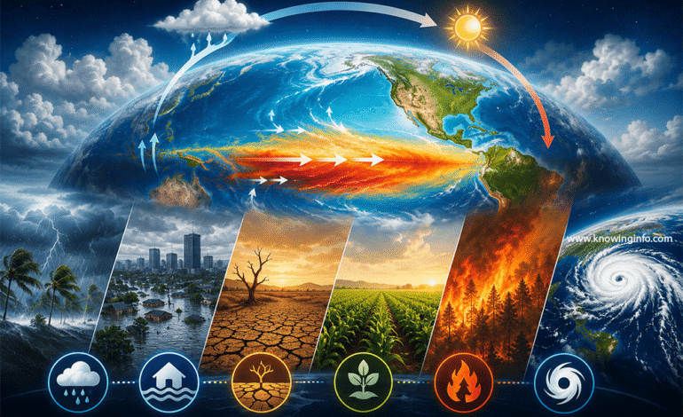 Illustration showing El Niño in the Pacific Ocean with warm ocean currents moving eastward, affecting global weather patterns through floods, droughts, storms, wildfires, and changing climate conditions around the world.
