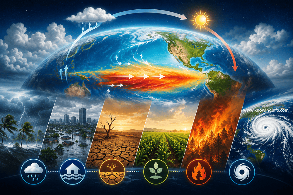 Illustration showing El Niño in the Pacific Ocean with warm ocean currents moving eastward, affecting global weather patterns through floods, droughts, storms, wildfires, and changing climate conditions around the world.
