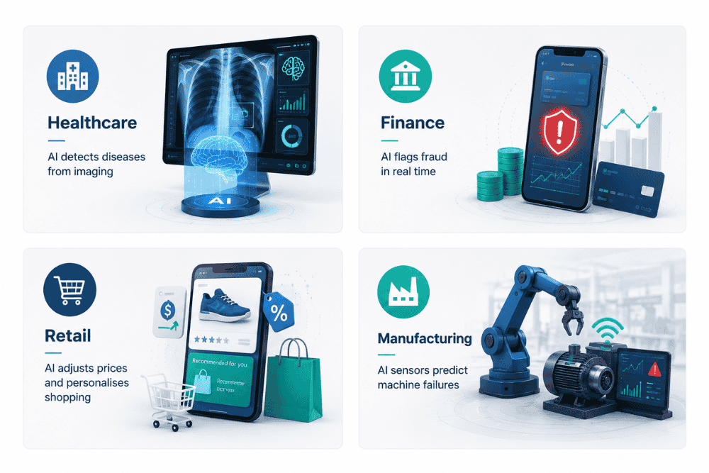 Infographic showing AI applications across healthcare, finance, retail, and manufacturing industries