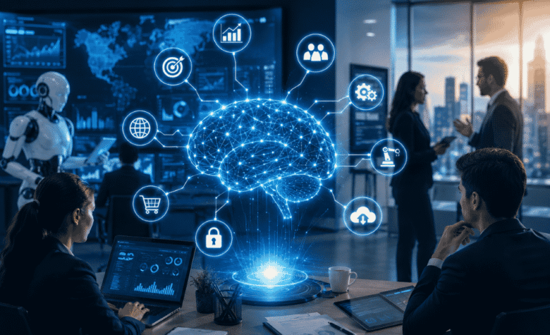 Human and AI hand collaboration representing artificial intelligence reshaping business operations and workforce skills