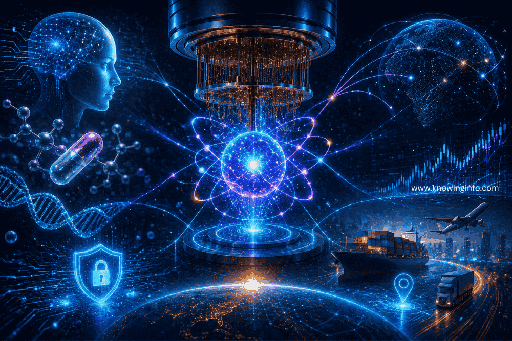 Abstract visualization of quantum computing transforming artificial intelligence, medicine, cybersecurity, and global logistics through interconnected quantum technology.