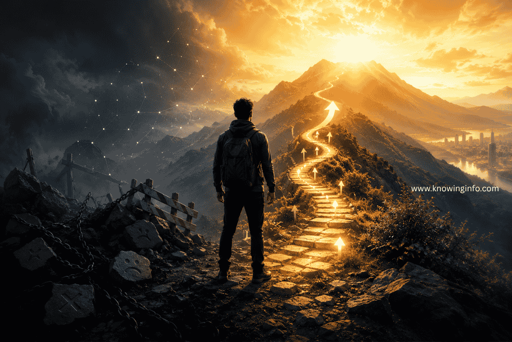A person standing at the crossroads between darkness and light, looking toward a glowing mountain path that symbolizes a growth mindset, resilience, personal development, and the journey to success.