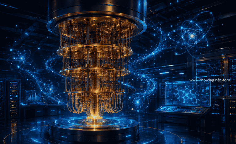 Futuristic quantum computer with glowing qubits inside a high-tech laboratory, showcasing the next generation of computing technology.