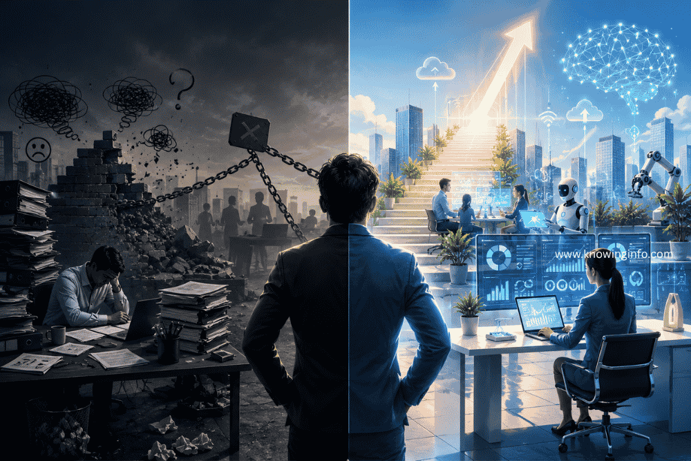 Split-screen illustration comparing a fixed mindset and a growth mindset, showing a stressed professional in a chaotic workplace transitioning to a confident individual thriving in a modern, innovative environment with symbols of progress and success.