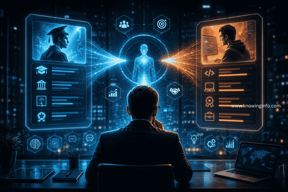 Recruiter evaluating degree and practical skills during the hiring process