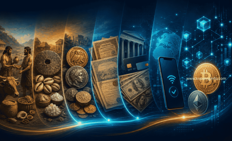 Visual timeline showing the evolution of money from barter and coins to digital currency