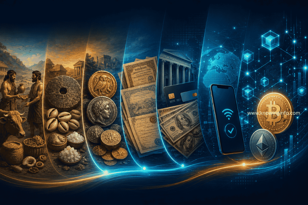 Visual timeline showing the evolution of money from barter and coins to digital currency