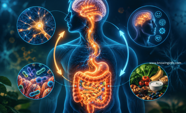 Scientific illustration showing the gut-brain connection between the digestive system and brain