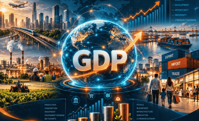 GDP concept showing economic growth, production, businesses, and financial indicators
