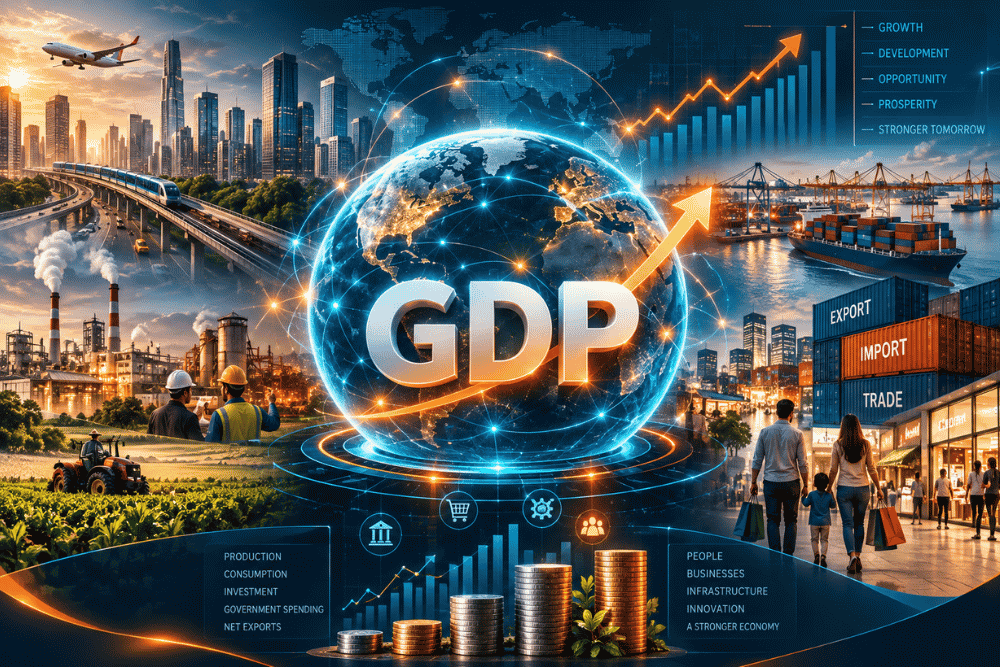 GDP concept showing economic growth, production, businesses, and financial indicators